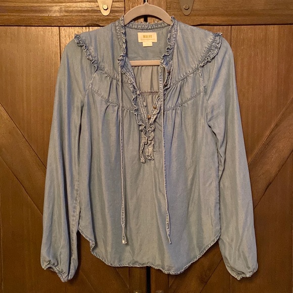 Anthropologie Maeve Chambray Ruffle Long Sleeve Top - Picture 2 of 5